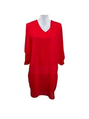 Chicos Women Small Red V Neck Tunic Blouse Roll Tab Sleeve Top